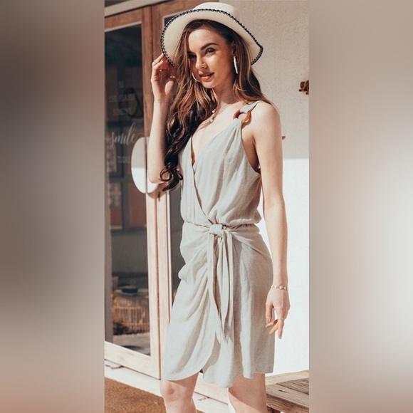 Cupshe Jeanette Wrap Dress Sz L Natural Wood O-Ring Tie Waist Linen V-Neck NWT - Picture 2 of 6